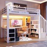 Lit mezzanine 90x200 cm avec bande lumineuse led et 4 tiroirs lit enfant avec �tag�re et bureau lit 2 ...