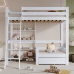 Lit mezzanine - blanc - 90x200 cm - bois massif - avec tiroir - chelle incline 5 marches