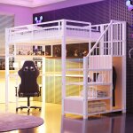 Lit mezzanine 90x200 cm - merax - bureau avec led - escalier de rangement - armoire int�gr�e