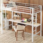 Lit mezzanine avec bureau - merax - 90x200 cm - structure m�tal en747 - bureau int�gr� + �tag�res - blanc ...