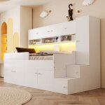 Lit mezzanine 90x200 cm avec �clairage led lit enfant en bois avec penderie cadre de lit adulte avec ...