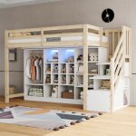 Lit mezzanine 90x200 cm avec �clairage led lit simple avec coffre de rangement et petite armoire lit ...