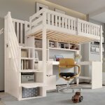 Lit mezzanine 90x200 cm - modernluxe - escalier avec rangement - bureau int�gr� + 2 tiroirs - blanc