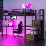 Lit mezzanine 90x200 cm - merax - m�tal noir - bureau avec led - escalier de rangement - armoire int�gr�e ...