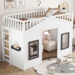 Lit mezzanine 90x200 avec escalier fen�tre barri�re de s�curit� et rangements bois blanc pour enfant ...