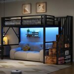 Lit mezzanine 90x200 - langtu - escalier rangement - led int�gr�e - cadre m�tal noir