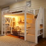 Lit mezzanine - langtu - 90x200 - blanc - escalier avec rangements - led int�gr�e