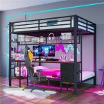 Lit mezzanine 90x200cm et 140x200cm avec tiroirs et bureau noir lit enfant double 2 en 1 avec bande led ...