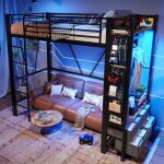 Lit mezzanine 90x200cm cadre en feravec barre de s�chageavec �tag�res + 4 tiroirsavec prise usb + type ...