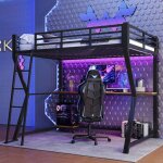 Lit mezzanine 90x200cm avec �clairage led lit enfant avec bureau prise de courant + usb lit simple sommier ...
