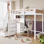 Lit superpos - enfant - 90x200cm - bureau avec 3 tiroirs - escalier de rangement - blanc + naturel