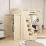 Lit mezzanine 90x200cm - dreammespace - bois massif - armoire intgre - escaliers de rangement - 2 places ...