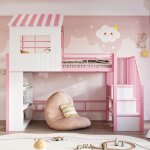 Lit mezzanine 90x200cm rose - ambiance - lit cabane en m�tal multifonction avec escalier rangement et ...