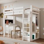 Lit mezzanine 90x200cm lit simple avec bureau armoire et �tag�reslit enfant avec sommier � lattes et ...