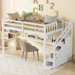 Lit mezzanine - blanc - 90x200cm - bureau intégré - escalier avec rangement - 1 place Lit mezzanine - blanc - 90x200cm - bureau intégré - escalier avec rangement - 1 place