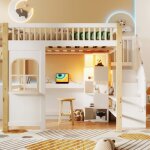 Lit mezzanine ado 140x200 cm avec escalier de rangement et bureau - gain de place en pin et mdf - sans ...