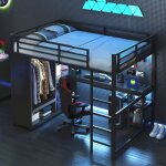 Lit mezzanine adulte 140x200 cm avec bureau led bluetooth station de charge rangements m�tal noir