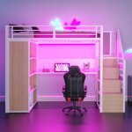 Lit mezzanine blanc 90�200 cm avec rangement armoire bureau led et panneau perfor� structure solide