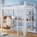 Lit mezzanine blanc 90x200cm avec bureau et �tag�res �chelle � 5 marches barri�re de s�curit� - fer et ...