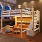 Lit mezzanine en bois 140 x 200 cm avec lampes led et escalier de rangement lit enfants structure en ...