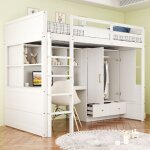 Lit mezzanine en bois 90�200 cm bureau + armoire 2 tiroirs sans matelas antichute blanc