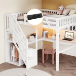 Lit mezzanine en bois massif - 140x200 cm - blanc - escalier avec rangement - bureau int�gr� - �clairage ...