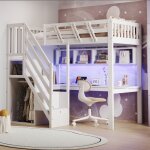 Lit mezzanine en bois massif - 90x200 cm - blanc - escalier avec rangement - bureau int�gr� - �clairage ...