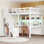 Lit mezzanine en bois massif - modernluxe - 140x200 cm - �chelle de rangement - bureau int�gr� - port ...