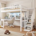 Lit mezzanine avec bureau - 140x200 cm - blanc - lumi�res led - �chelle de rangement - �tag�res int�gr�es ...