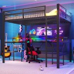 Lit mezzanine avec bureau - 140x200 cm - cadre en m�tal - bande led changeante - bureau int�gr� - 1 port ...