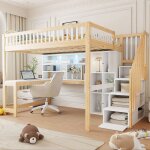 Lit mezzanine avec bureau - 140x200 cm - �clairage led - �chelle de rangement - �tag�res int�gr�es