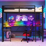 Lit mezzanine avec bureau int�gr� - 90x200 cm - cadre en fer - bande led changeante - 1 port usb - 1 ...