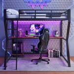 Lit mezzanine avec bureau int�gr� - 90x200 cm - noir - m�tal et mdf - lumi�res led - �tag�re pour ordinateur ...