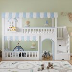 Lit mezzanine cabane 90x200cm blanc bleu - lit enfant gar�on avec escalier de rangement fen�tres et espace ...