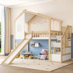 Lit mezzanine cabane enfant 90x200 cm avec toboggan �chelle avec rangement barri�res pin naturel et blanc ...