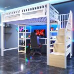 Lit mezzanine cadre en fer 140x200cm compartiment de rangement �chelle avec rangement bureau barre lumineuse ...