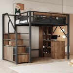 Lit mezzanine double 140�200 cm escalier rangement et placard - yeavio - sans matelas m�tal et bois - ...