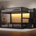 Lit mezzanine double 140 x 200 cm - avec rangements int�gr�s et �clairage led - pour adultes et adolescents ...