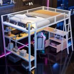 Lit mezzanine lit double 140x200 cm m�tal lit enfant lit adulte avec espace de travail int�gr� �clairage ...