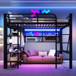 Lit mezzanine lit double 140x200cm noir structure en fer compartiment de rangement tringle � v�tements ...