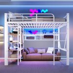 Lit mezzanine lit double 140x200cm structure en fer compartiment de rangement avec tringle � v�tements ...