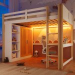 Lit mezzanine avec �clairage led 140 x 200 cm bureau armoire et �tag�res lit simple pour enfant bois ...