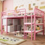 Lit mezzanine enfant 1 place 90x200 rose fille avec rangement lit mi hauteur m�tal avec �tag�res tiroirs ...