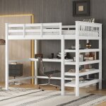 Lit mezzanine enfant 140 x 200 cm avec bureau - �tag�re de rangement - bois massif de pin - blanc