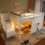 Lit mezzanine pour enfant 140 x 200 cm avec escalier de rangement et fen�tre avec �clairage led (sans ...
