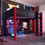 Lit mezzanine pour enfant 140 x 200 cm lit gaming pour adolescent avec bureau �clairage led armoire et ...