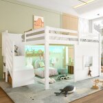 Lit mezzanine pour enfant 140 x 200 cm structure en bois massif avec �clairage led escalier de rangement ...