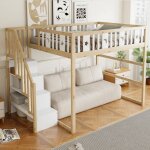 Lit mezzanine enfant 140x200 cm avec escalier rangement et garde?corps haut d�cor �toiles et lune couleur ...