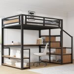 Lit mezzanine enfant 140x200 cm lit enfant lit simple en m�tal avec bureau �tag�res �chelle de rangement ...