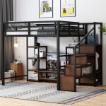 Lit mezzanine enfant 140x200 noir avec meuble tv �chelle s�curit� et rangements - structure m�tal / bois ...